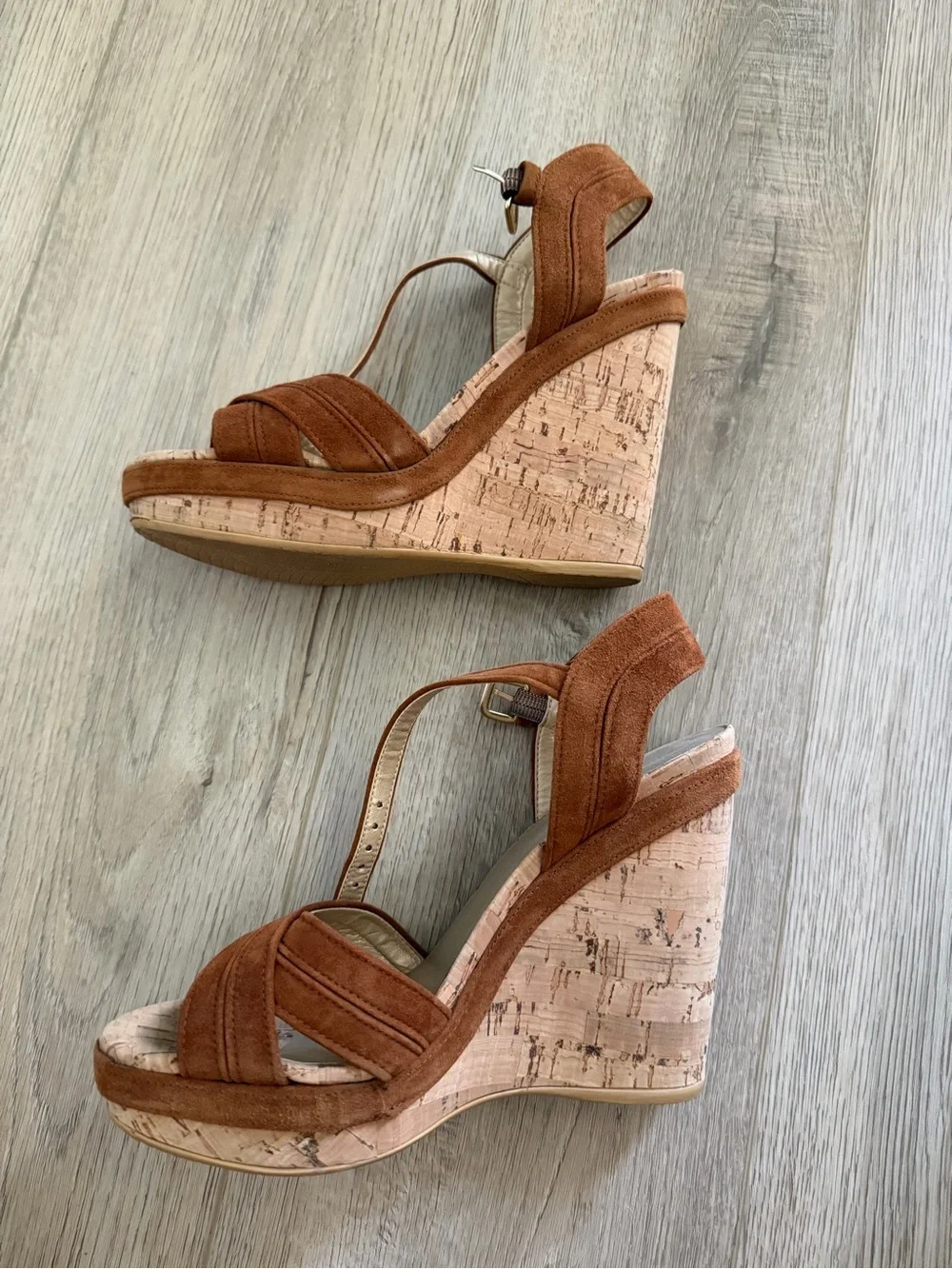 Stuart Weitzman Women's Rust Suede Cork Wedge Sandals - size 6